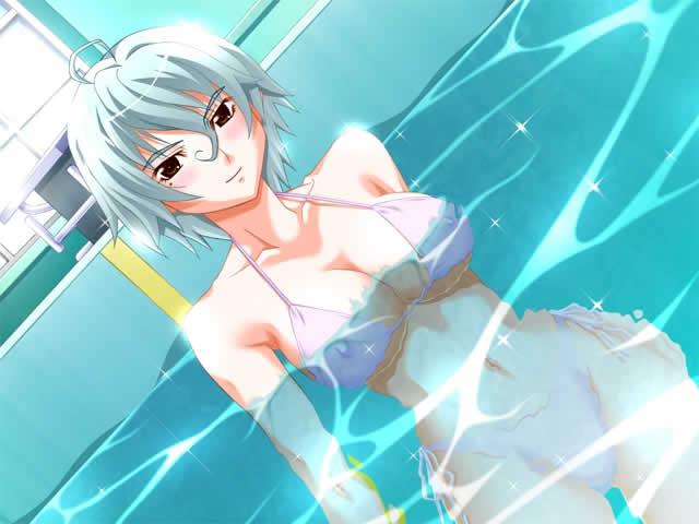 ahoge bikini breasts brown_eyes cleavage covered_nipples curvy dutch_angle indoors jpeg_artifacts large_breasts looking_at_viewer partially_submerged pool refraction short_hair smile solo standing submerged swimsuit white_hair window