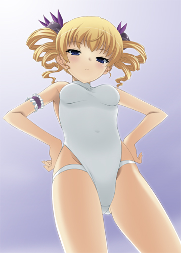 arm_garter blonde_hair drill_hair from_below hands_on_hips haoto_luna koihime_musou leotard lowres one-piece_swimsuit solo sousou swimsuit white_swimsuit