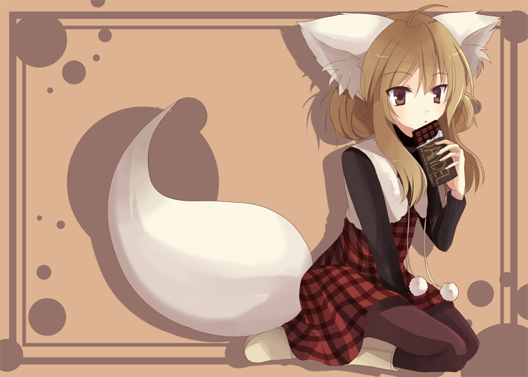animal_ears bad_id bad_pixiv_id boots brown_eyes brown_hair chocho_(homelessfox) chocolate copyright_request dress eating kneeling long_hair pantyhose solo tail