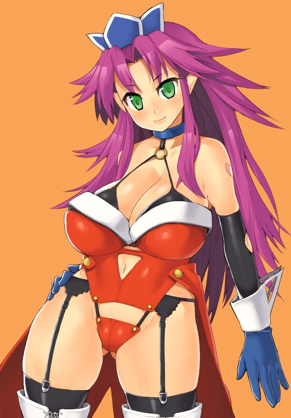 angela_(seiken_densetsu_3) bad_id bad_pixiv_id boots breasts cleavage collar crown curvy elf garter_belt gloves green_eyes huge_breasts leotard long_hair nagase_haruhito pointy_ears purple_hair red_leotard seiken_densetsu seiken_densetsu_3 smile solo thigh_boots thighhighs