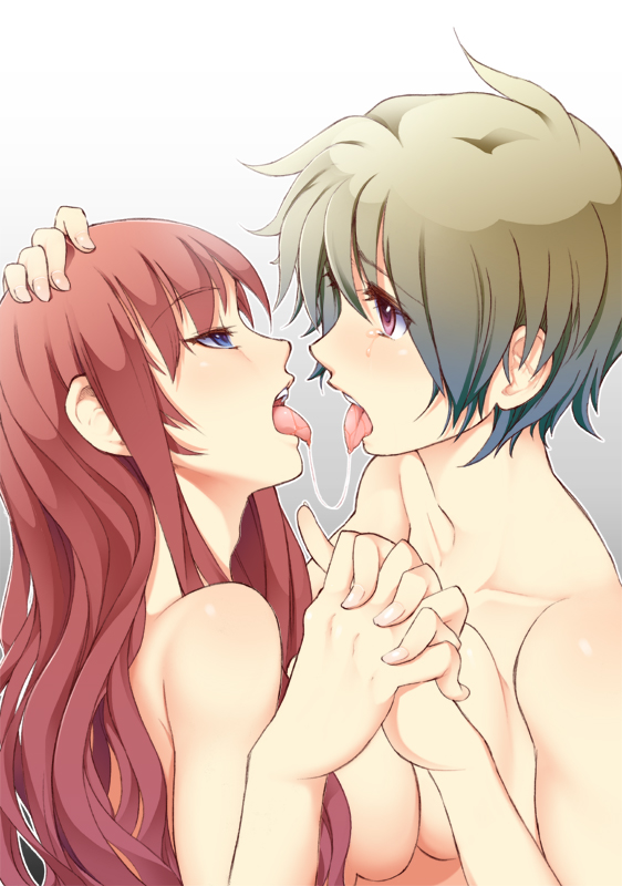 akihazama bad_id bad_pixiv_id blue_eyes breast_press breasts couple eye_contact hand_on_another's_head holding_hands kiss long_hair looking_at_another medium_breasts multiple_girls nude original petting red_eyes saliva saliva_trail short_hair symmetrical_docking tears tongue yuri