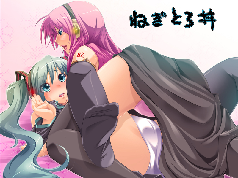 aqua_hair blush feet hatsune_miku long_hair megurine_luka multiple_girls panties thighhighs underwear vocaloid yukinon_(tsuki_koubou) yuri