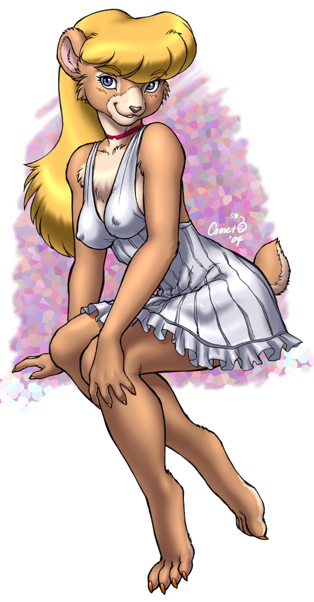 1girl 2004 animal_ears barefoot bear blond_hair blonde_hair blue_eyes breasts dr_comet erect_nipples feet female full_body furry highres nipples solo tail toes