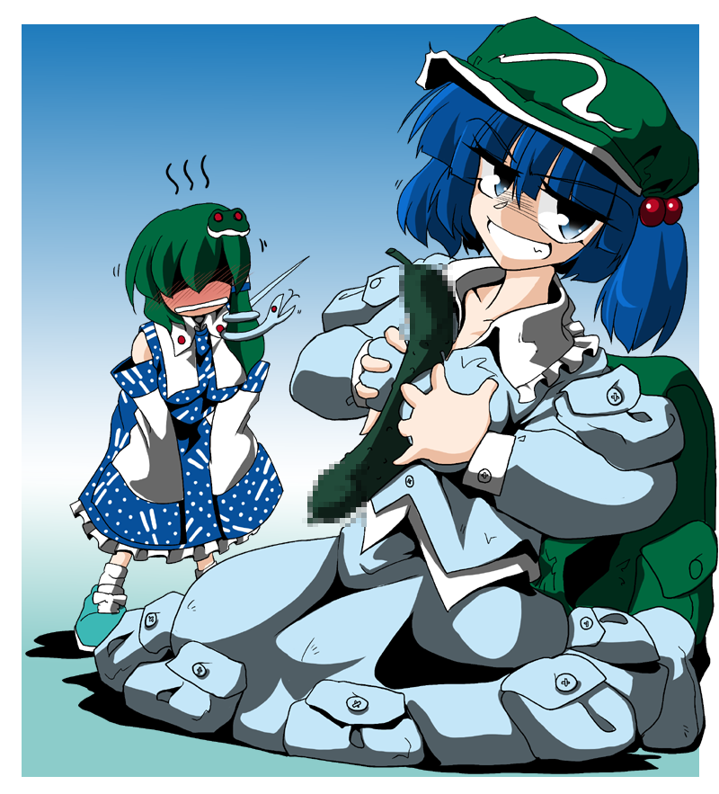 ascot bad_id bad_pixiv_id bag between_breasts blue_eyes blue_hair blush breasts censored cucumber detached_sleeves dress embarrassed frills frog gradient gradient_background green_hair grin hair_bobbles hair_ornament hair_over_eyes hat hidden_eyes kawashiro_nitori kieyza kneeling kochiya_sanae long_hair medium_breasts multiple_girls naughty_face phallic_symbol sexually_suggestive shoes short_hair short_twintails smile snake touhou twintails two_side_up