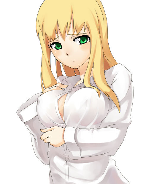bad_id bad_pixiv_id blonde_hair breast_hold breasts copyright_request embarrassed green_eyes large_breasts long_hair napori solo