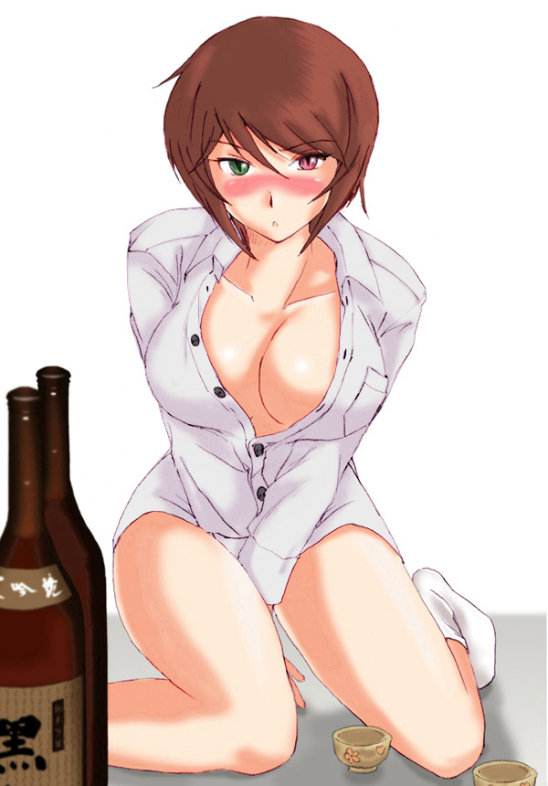 alcohol artist_request blush bottomless breasts brown_hair drunk heterochromia large_breasts older open_clothes open_shirt rozen_maiden sake shirt short_hair socks solo source_request souseiseki