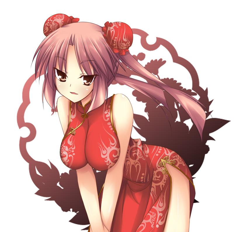 1girl :d bent_over blush breasts bun_cover china_dress chinadress chinese_clothes double_bun dress female impossible_clothes impossible_clothing impossible_dress large_breasts long_hair open_mouth pink_eyes pink_hair smile solo twintails