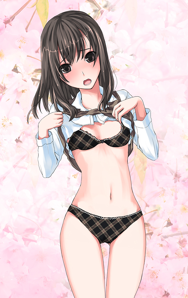 bra copyright_request flat_chest lingerie navel open_mouth panties shirt_lift solo unasaka_ryou underwear