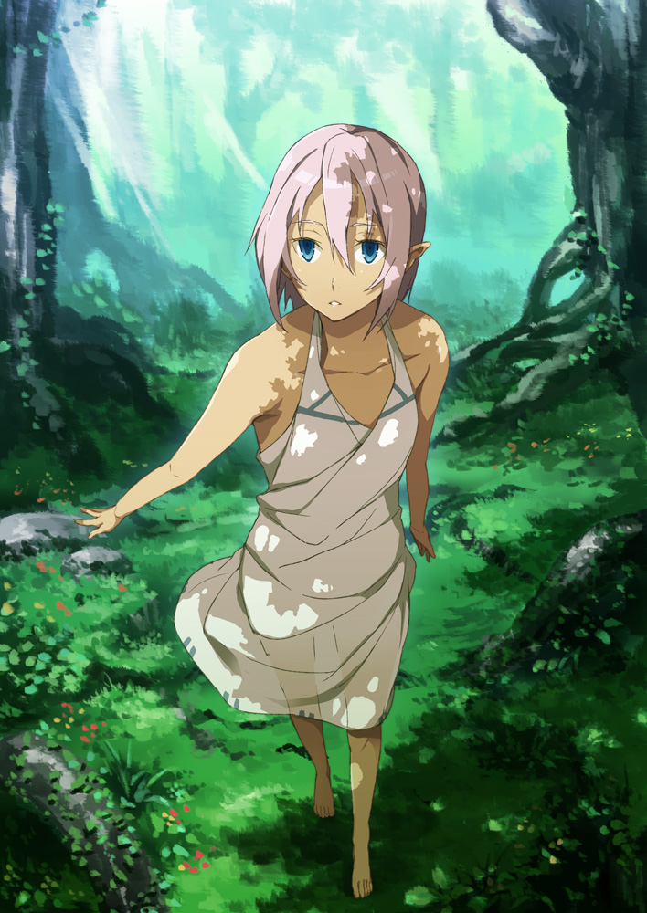 barefoot blue_eyes day dress elf forest grass houru nature original parted_lips pink_hair pointy_ears see-through_silhouette solo sundress tree white_dress