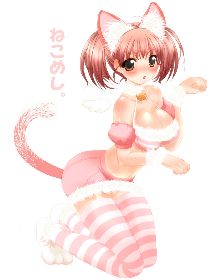 ahoge animal_ears bell bell_collar blush breasts brown_eyes cat_ears cleavage collar copyright_request fangs huge_breasts midriff navel paw_pose red_hair solo striped striped_legwear tail thighhighs translated umehara_emika wings