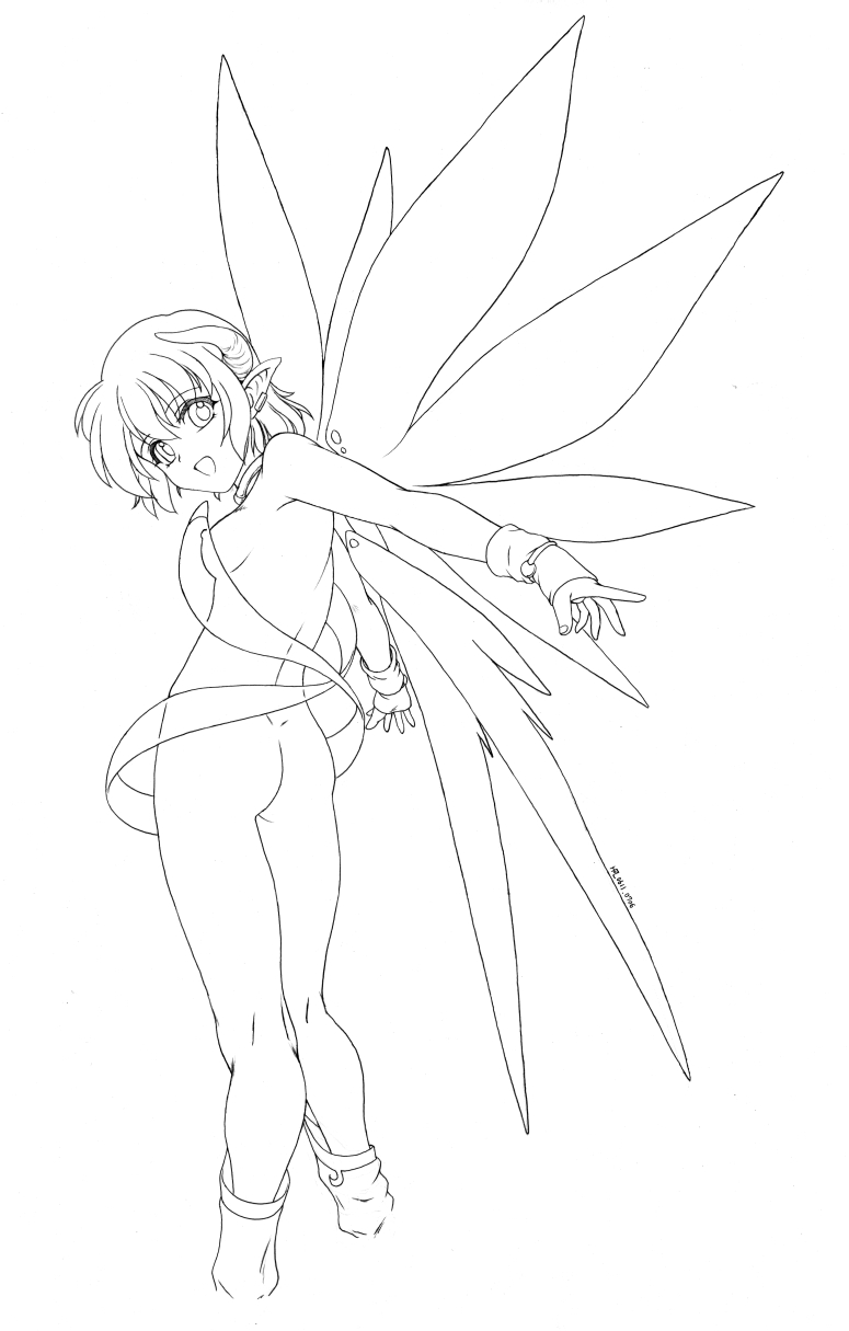 ass breasts full_body greyscale harumachi_nagaaki highres horns lineart monochrome nipples nude original pointy_ears small_breasts smile solo standing wings work_in_progress