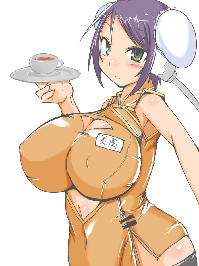 arcana_heart blush breasts bun_cover china_dress chinese_clothes cleavage cup curvy double_bun dress green_eyes hiya_(dkr) huge_breasts impossible_clothes impossible_shirt mei-fang purple_hair shirt solo tea teacup tray