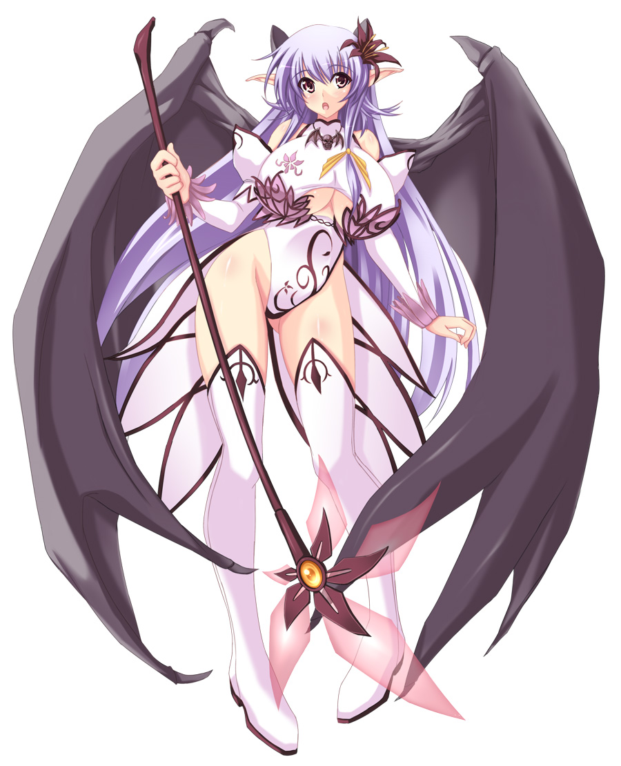 :o boots breasts copyright_request demon_girl detached_sleeves flower hair_flower hair_ornament horns huge_breasts leotard long_hair nanakorobi_yaoki pointy_ears purple_eyes purple_hair solo staff thigh_boots thighhighs underboob wings