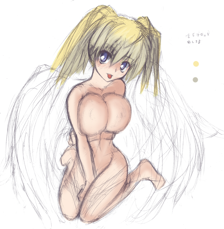 :p bad_id bad_pixiv_id blonde_hair blue_eyes breast_hold breasts chutona huge_breasts nude original sitting sketch solo tongue tongue_out twintails wings