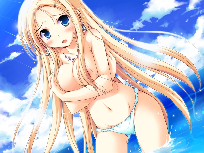 areolae bikini blonde_hair blue_eyes breast_hold breasts carina_verritti covering day dutch_angle hair_censor hair_over_breasts ko~cha large_breasts long_hair non-web_source outdoors shukufuku_no_campanella solo swimsuit topless wading water