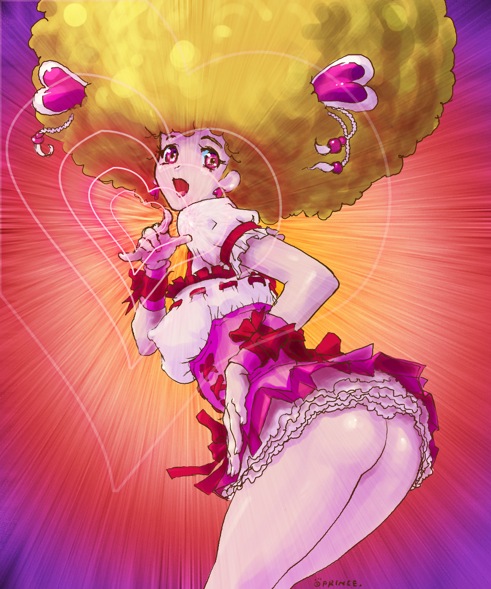 \m/ afro ass blonde_hair breasts covered_nipples cure_peach earrings fresh_precure! frills hair_ornament heart heart_hair_ornament highres jewelry magical_girl medium_breasts momozono_love no_panties open_mouth oprince pink_eyes precure ribbon solo twintails