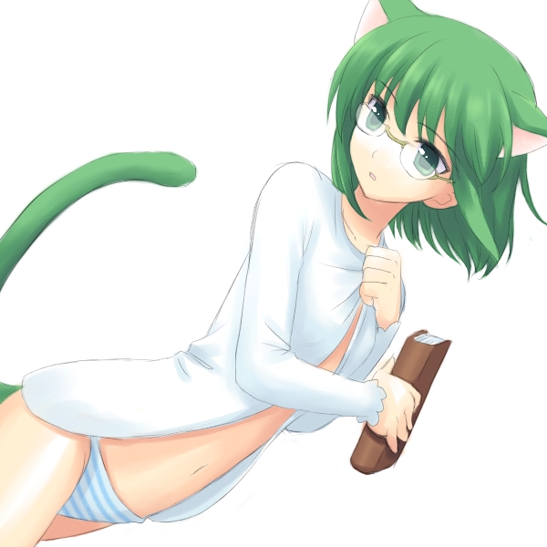 animal_ears atsukan book copyright_request flat_chest glasses green_hair panties solo striped striped_panties tail underwear