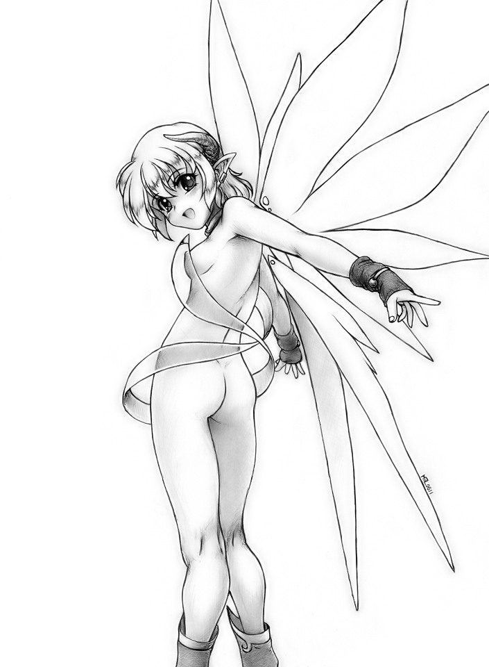 ass breasts fairy full_body greyscale harumachi_nagaaki horns legs monochrome nipples nude original pointy_ears small_breasts smile solo standing wings