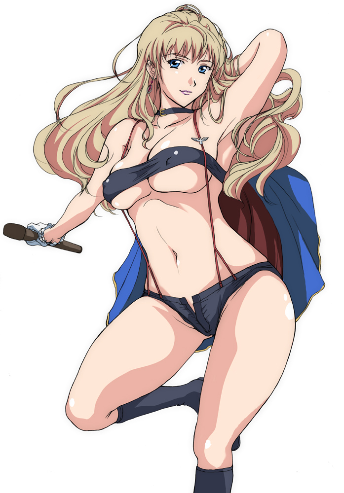 armpits blonde_hair blue_eyes breasts ishihara_souka large_breasts long_hair macross macross_frontier microphone open_fly sheryl_nome solo underboob unzipped