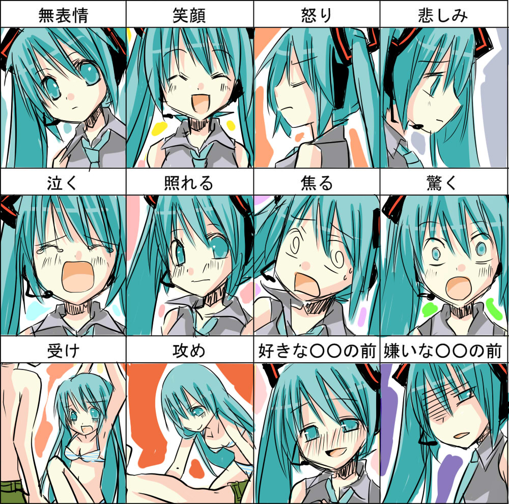 aqua_hair bra chart expressions hatsune_miku headphones katsuki_neko lingerie long_hair multiple_views translated twintails underwear vocaloid