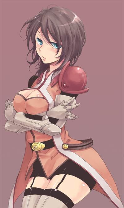 aqua_eyes bad_id bad_pixiv_id breast_hold breasts brown_background brown_hair crossed_arms gauntlets genderswap genderswap_(mtf) large_breasts okmr schwann_oltorain short_hair surcoat tales_of_(series) tales_of_vesperia thighhighs