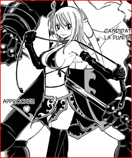 bare_shoulders border breasts cleavage elbow_gloves fairy_tail gloves greyscale large_breasts lucy_heartfilia mashima_hiro monochrome red_border solo whip