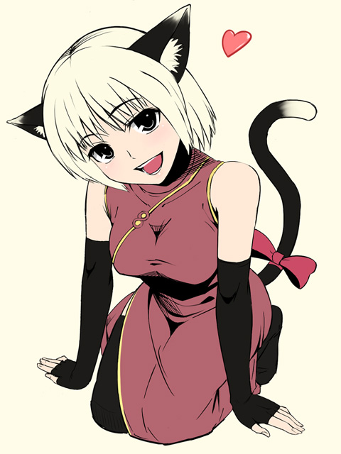 animal_ears bad_id bad_pixiv_id breasts cat_ears cat_tail china_dress chinese_clothes copyright_request dress elbow_gloves fingerless_gloves gloves kneeling large_breasts nyamota ribbon short_hair solo tail tail_ribbon thighhighs