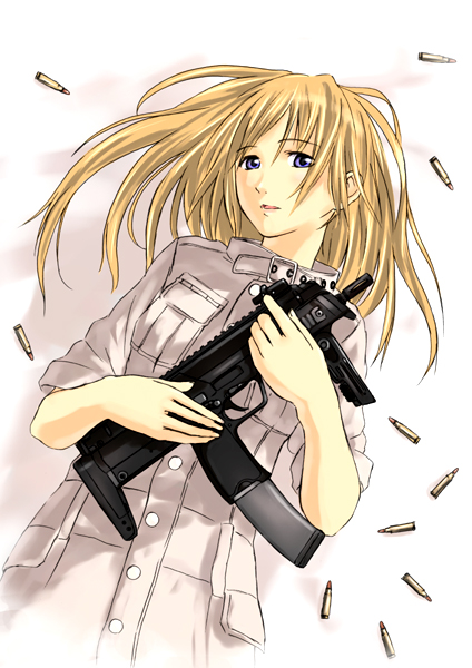 blonde_hair blue_eyes cartridge coat copyright_request ganzyu_i gun h&amp;k_mp7 heckler_&amp;_koch solo submachine_gun vertical_foregrip weapon