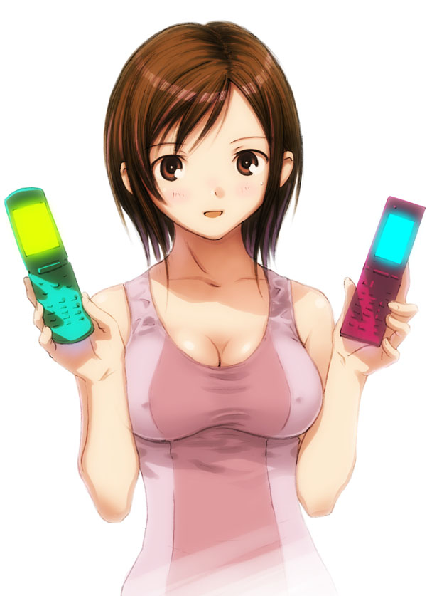 blush breasts brown_eyes brown_hair cellphone covered_nipples kobayashi_yuuji large_breasts one-piece_swimsuit open_mouth original phone pink_swimsuit short_hair simple_background solo swimsuit