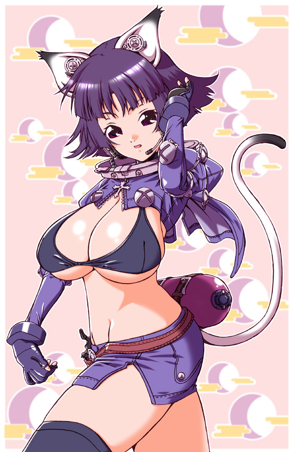 aida_kan_mori animal_ears breasts buttons cat_ears cat_tail copyright_request cross elbow_gloves gloves headset large_breasts miniskirt purple_eyes purple_hair short_hair skirt solo sports_bra tail thighhighs zettai_ryouiki