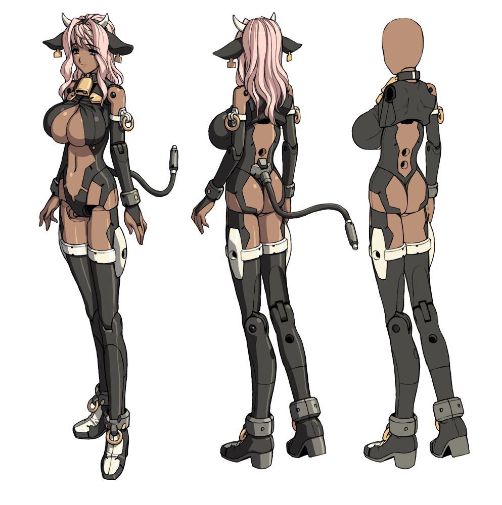 animal_ears back bell bell_collar blue_eyes breasts busou_shinki cleavage collar cow_bell cow_girl dark_skin doll_joints horns huge_breasts large_breasts magaki_ryouta original tail thighhighs
