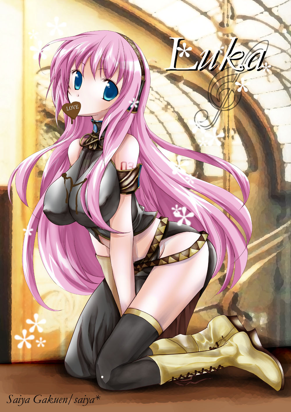 bad_id bad_pixiv_id breasts chocolate covered_nipples highres large_breasts long_hair megurine_luka mouth_hold pink_hair saiya solo thighhighs valentine very_long_hair vocaloid