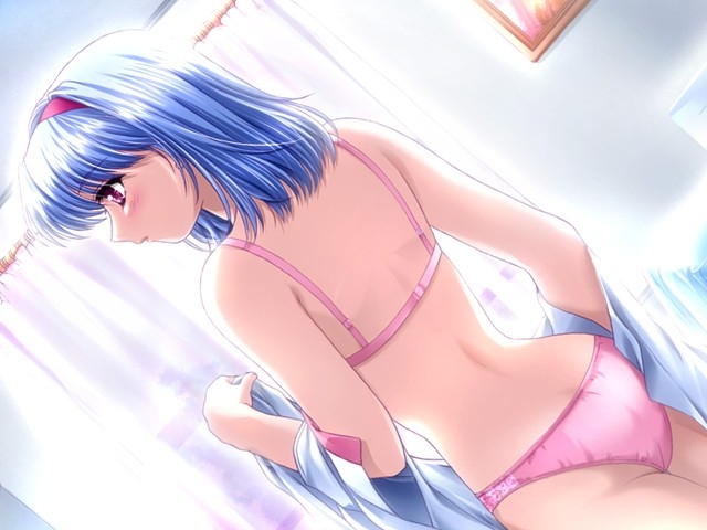 ass blue_hair bra dutch_angle furimuite_cool_eye's game_cg hairband lingerie lip-s non-web_source panties pink_panties red_eyes short_hair solo underwear underwear_only undressing
