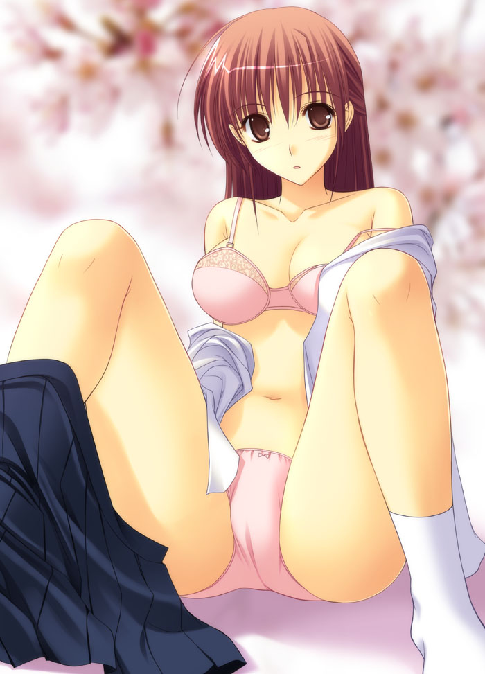 bra brown_eyes brown_hair lingerie long_hair original panties pink_panties skirt skirt_pull socks solo strap_slip takepon underwear undressing