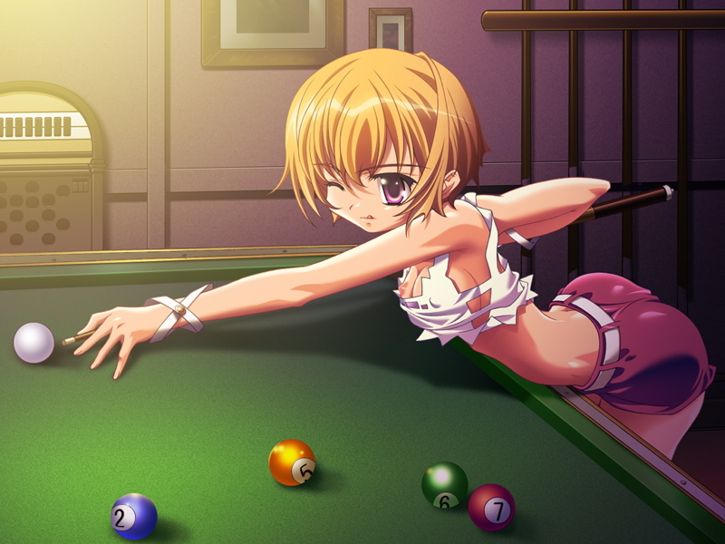 ;q arched_back ball bare_shoulders belt billiards blonde_hair breasts covered_nipples cue_ball cue_stick downblouse game_cg hyuuga_makoto_(juujigen_rippoutai_cipher) juujigen_rippoutai_cipher medium_breasts nipple_slip nipples one_eye_closed purple_eyes short_hair short_shorts shorts sideboob solo sugiyama_genshou tongue tongue_out