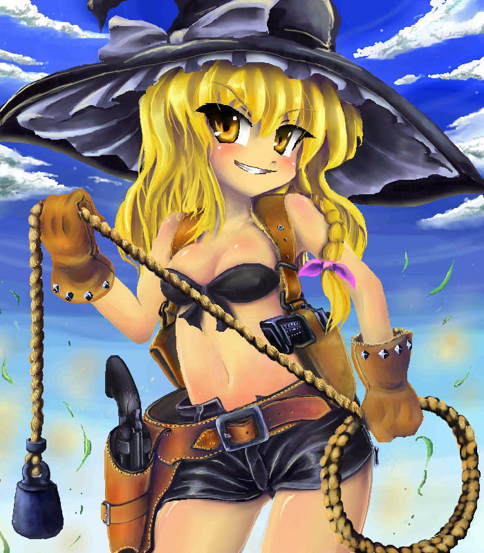 bikini_top blonde_hair blush bow braid breasts cleavage commentary_request front-tie_top gloves gun gunbelt handgun hat hat_bow holster kirisame_marisa medium_breasts midriff okiraku_nikku pistol revolver rope shorts shoulder_holster solo touhou tsurime weapon western witch_hat yellow_eyes