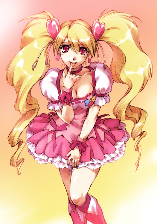 :p blonde_hair boots bow breasts choker cleavage cure_peach dress fresh_precure! hair_ornament heart heart_hair_ornament hisahiko knee_boots long_hair magical_girl medium_breasts momozono_love pink_bow pink_choker pink_footwear precure red_eyes skirt solo standing tongue tongue_out twintails