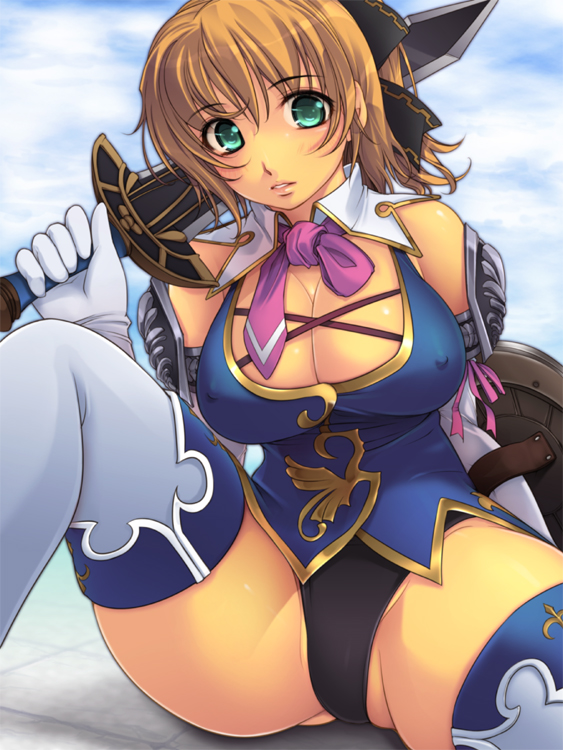 aqua_eyes bare_shoulders blonde_hair bow breasts cassandra_alexandra cleavage gloves hair_bow large_breasts leotard necktie pink_neckwear ponytail shield shoulder_pads sitting solo soulcalibur sword thighhighs weapon yoko_juusuke