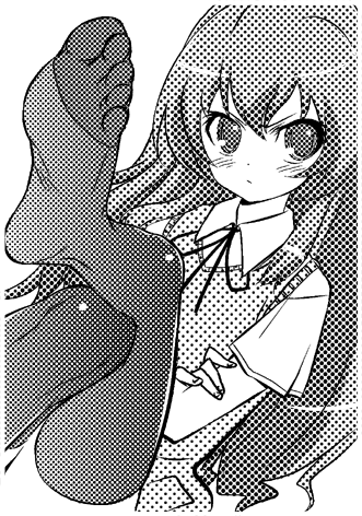 aisaka_taiga blush crossed_legs feet greyscale izumi_(walnov) long_hair lowres monochrome sitting solo thighhighs toradora!