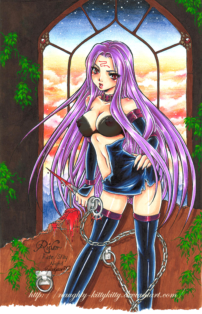 blood bra breasts chain fate/stay_night fate_(series) large_breasts lingerie long_hair midriff purple_hair red_eyes rider see-through solo torn_clothes traditional_media underwear very_long_hair