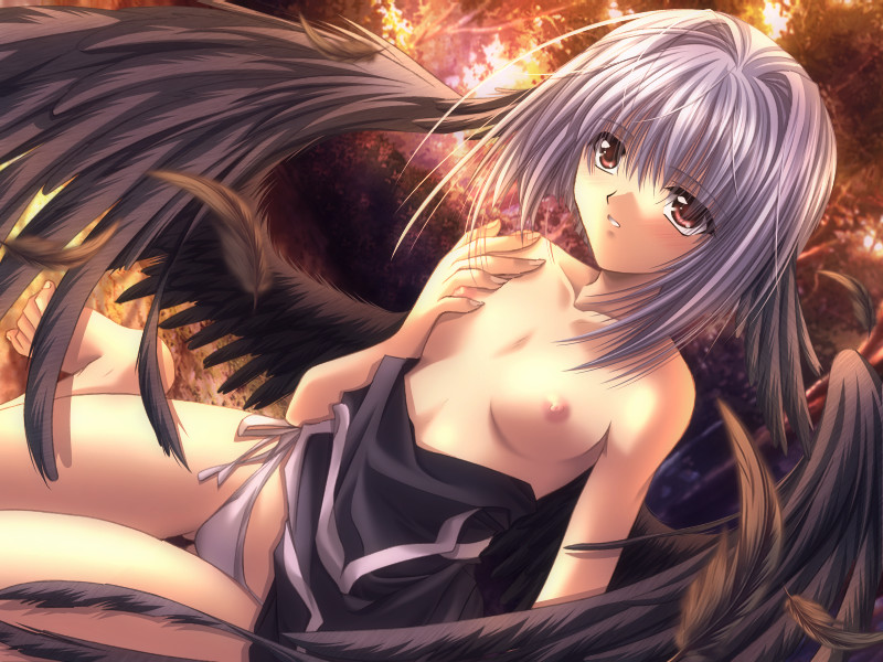 bangs black_dress black_wings blush breasts breasts_outside collarbone dress dress_lift dress_pull dutch_angle feathers game_cg hair_between_eyes hair_intakes hand_on_own_chest head_wings izumo izumo_2 looking_to_the_side nature nipples no_bra on_ground outdoors panties parted_lips red_eyes self_fondle short_hair side-tie_panties silver_hair sitting small_breasts solo sunset thigh_gap tree underwear undressing wariza white_panties wings yamamoto_kazue yatarou_(izumo)