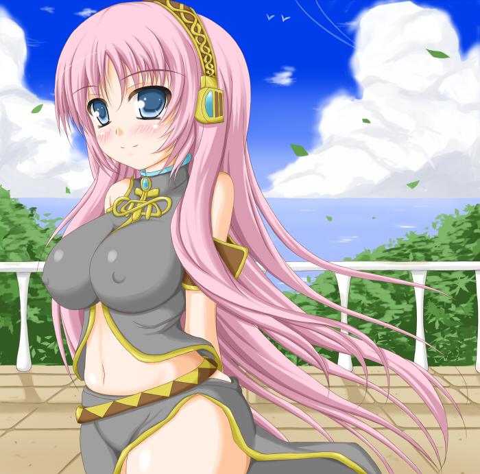 bad_id bad_pixiv_id blush breasts covered_nipples large_breasts long_hair megurine_luka midriff navel pink_hair qy solo vocaloid