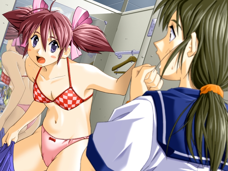 blush bow bow_panties bra calendar_girl caught checkered checkered_bra fitting_room game_cg green_hair lingerie long_hair mirror mismatched_underwear multiple_girls panties pink_panties ponytail purple_eyes red_hair reflection school_uniform short_hair skyhouse surprised twintails underwear underwear_only undressing