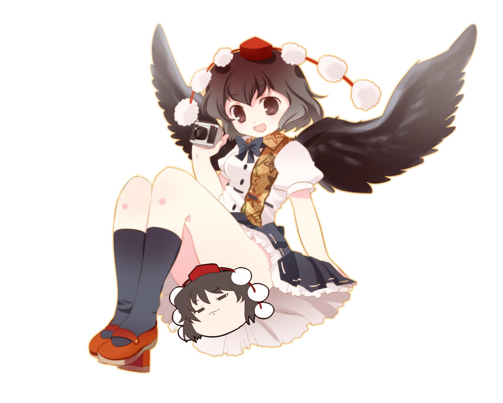 bad_id bad_pixiv_id black_wings brown_eyes brown_hair camera censored chaba_(hortensia) character_censor geta hat kimeemaru looking_at_viewer no_panties novelty_censor shameimaru_aya short_hair smile socks solo tengu-geta tokin_hat touhou wings yukkuri_shiteitte_ne