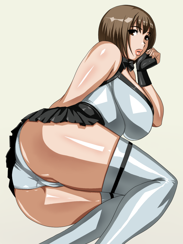 ass breasts brown_eyes brown_hair copyright_request fingerless_gloves gloves huge_ass huge_breasts lips lying matoyama panties shiny shiny_skin short_hair skirt solo thick_thighs thighhighs thighs underwear