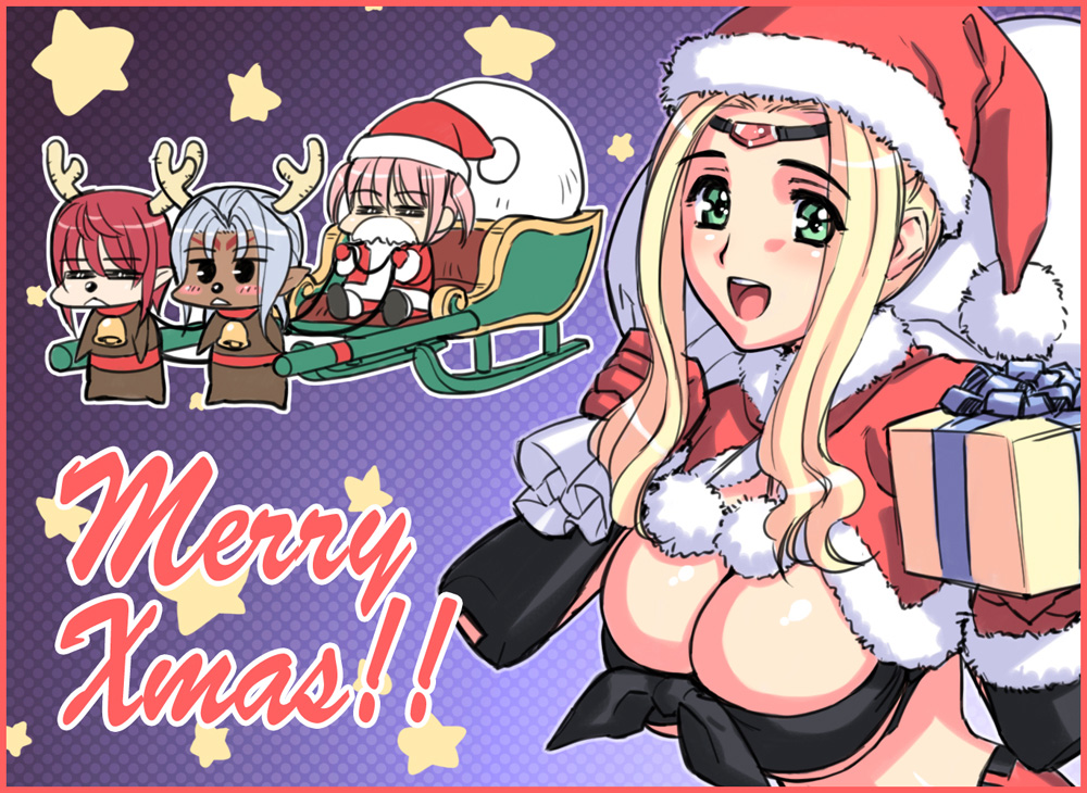 :&lt; :d =_= alternate_costume animal_costume antlers bandeau bangs bell bell_collar belt bikini bikini_top black_eyes blonde_hair blue_background blush blush_stickers border breasts bursting_breasts busou_shinki capelet chibi chibi_inset christmas circlet cleavage collar dark_skin english eukrante facial_hair facial_mark forehead_mark front-tie_top fur_trim gift gloves graffias green_eyes halftone halftone_background hat holding holding_gift huge_breasts ianeira long_hair magaki_ryouta merry_christmas multiple_girls mustache open_mouth outline over_shoulder pink_hair pointy_ears pom_pom_(clothes) red_gloves red_hair reindeer_antlers reindeer_costume sack santa_costume santa_hat short_hair short_twintails sidelocks silver_hair sitting sleigh smile standing star swimsuit twintails underboob vespelio