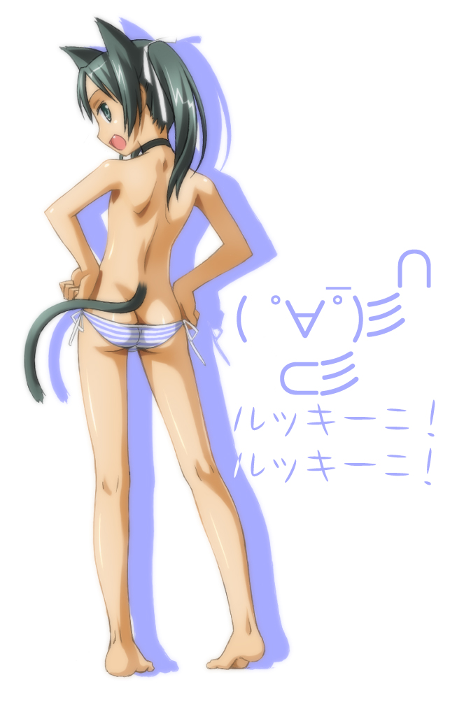 animal_ears ass back bad_id bad_pixiv_id barefoot fang feet francesca_lucchini full_body green_hair hands_on_hips looking_back lowleg lowleg_panties oppai_oppai panties shiny shiny_skin side-tie_panties sideways_mouth simple_background solo standing strike_witches striped striped_panties tail topless umekichi underwear underwear_only white_background world_witches_series