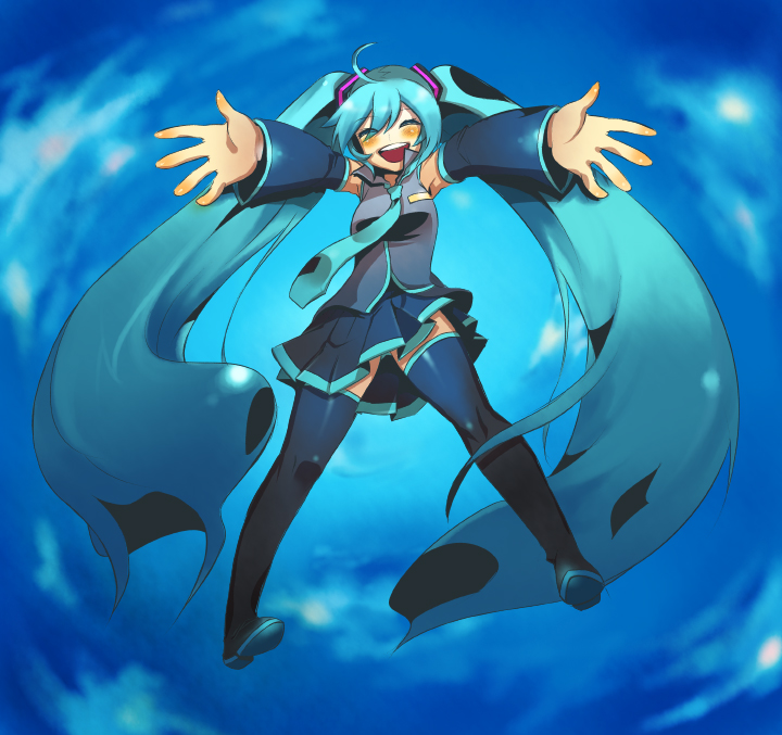 aqua_hair boots closed_eyes fujitsuna hatsune_miku long_hair outstretched_arms solo spread_arms thigh_boots thighhighs twintails upskirt very_long_hair vocaloid zettai_ryouiki