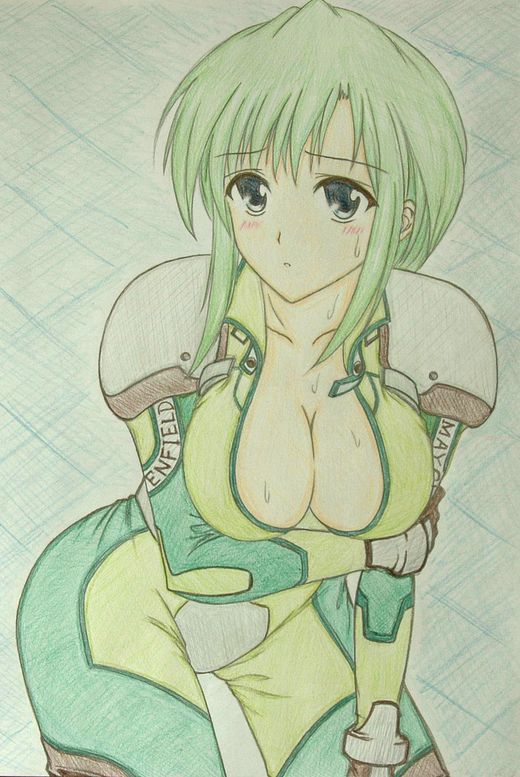 armored_core artist_request blue_eyes blush bodysuit breasts cleavage green_bodysuit green_hair large_breasts leaning_forward looking_at_viewer may_greenfield solo traditional_media unzipping