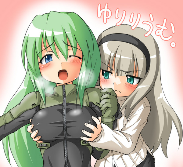 2girls aqua_eyes armored_core armored_core:_for_answer blue_eyes blush bodysuit breast_envy breast_grab breasts breath erect_nipples from_software grabbing green_hair hairband lilium_wolcott long_hair may_greenfield merrygate multiple_girls silver_hair skin_tight sweat yuri
